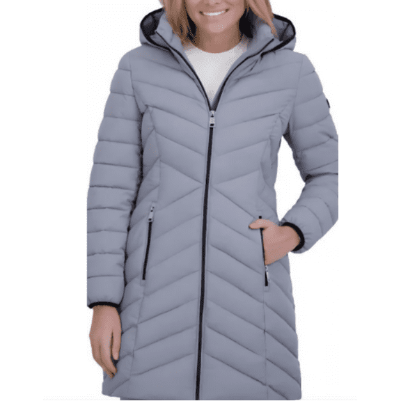 DKNY Women's Quilted Water Resistant Hooded Down Coat L Gray