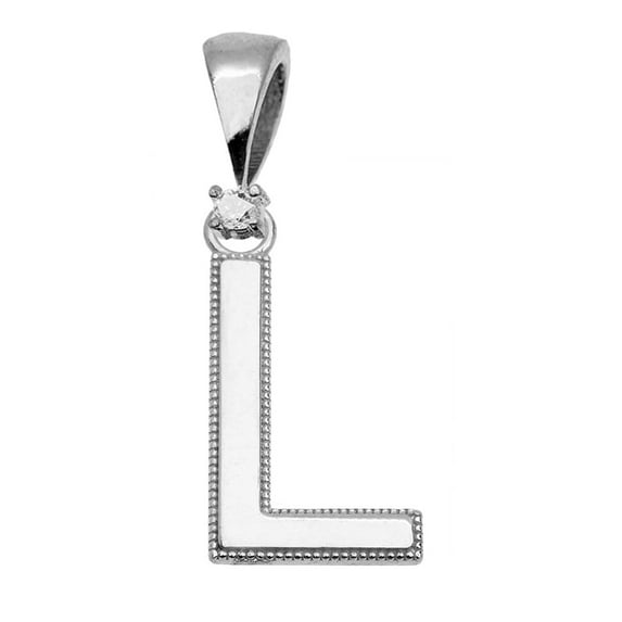 WHITE GOLD HIGH POLISH MILGRAIN SOLITAIRE DIAMOND "L" INITIAL PENDANT NECKLACE : 10K Pendant with 16" chain