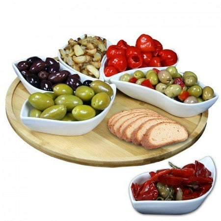 Unique Serving Pieces Modern 13.5 in. Lazy Susan Appetizer & Condiment Server Set with 6 Unique Design Serving Dishes & A Bamboo Lazy Suzan Serving Tray - 7 Piece ()