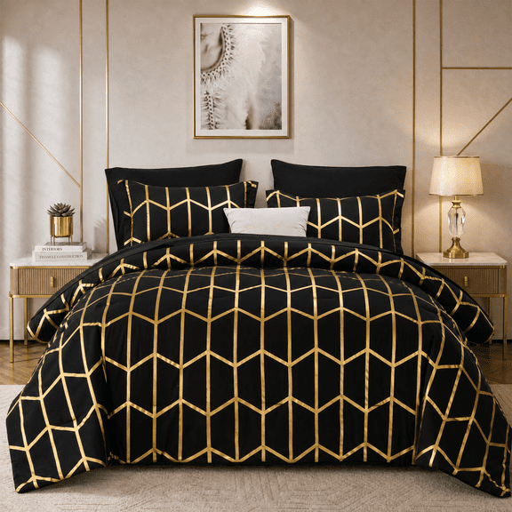 Flymme Black Gold Comforter Set Queen Size 7 Pieces Bed in a Bag Hexagon Comforter Set with Sheets Luxury Geometric Bedding Sets for Adults Teens