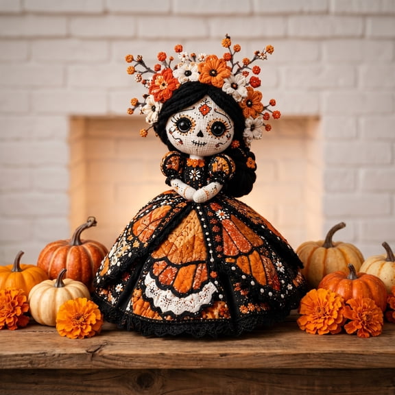 Day of the Dead Catrina Patchwork Doll DIY Kit, Sugar Skull Fabric Stitching Craft Set for Adults, Vintage Mexican Folk Art Decor, All Inclusive Sewing Supplies, Multiple Styles Available D