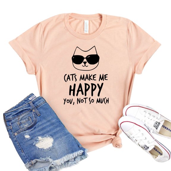 Cats Make Me Happy Shirt Kitty Mom T-shirt Women's Kitten Tee Animal Lover Tshirt Cat Mama Gift Paw Owner Shirts