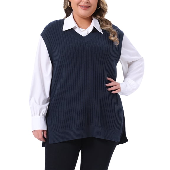 DARING DIVA Women's Plus V Neck Knit Split Hem Sweater Vest 1X Dark Blue