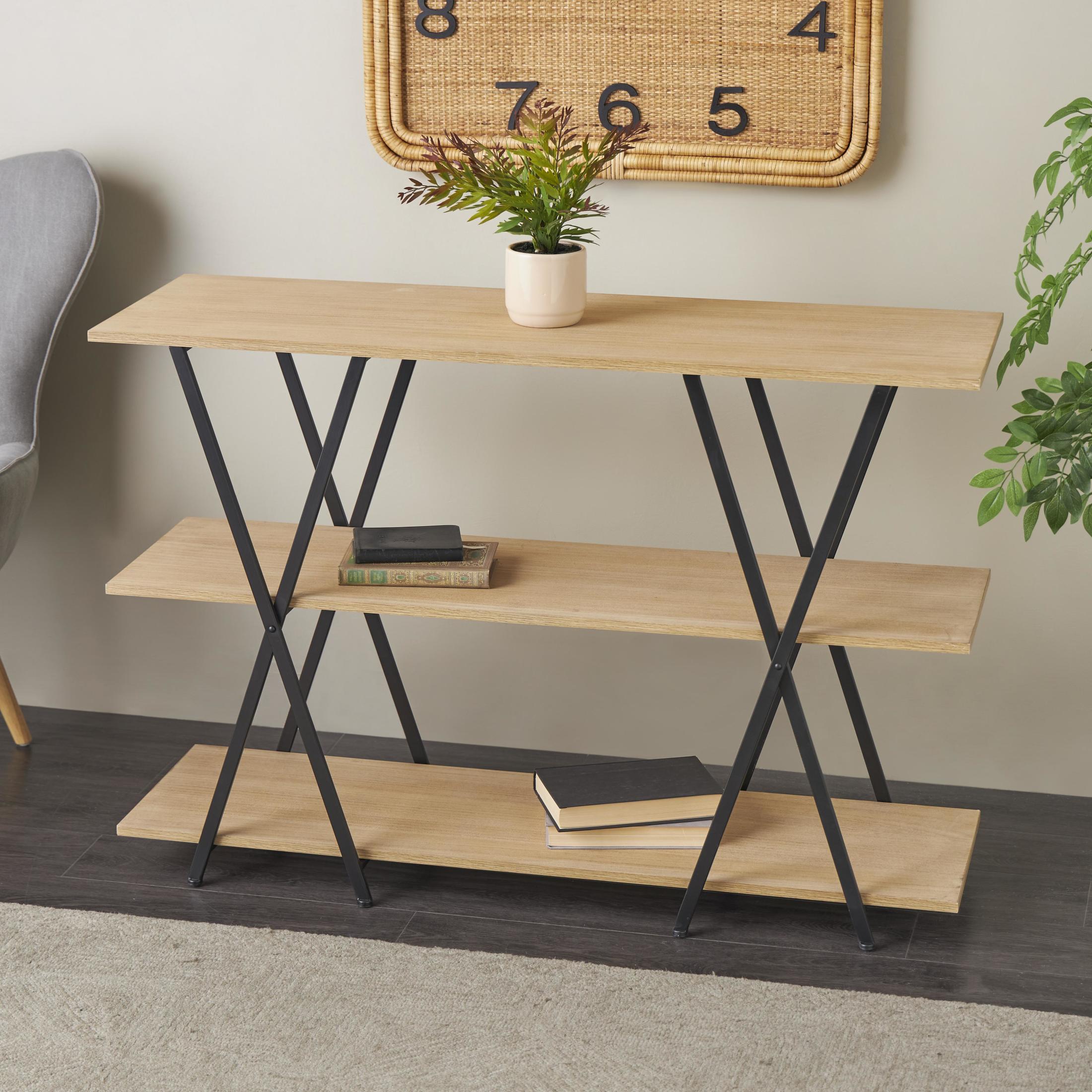 DecMode 47" x 32" Brown Metal 3-Tier Shelving Unit with Black Metal X Frame, 1-Piece