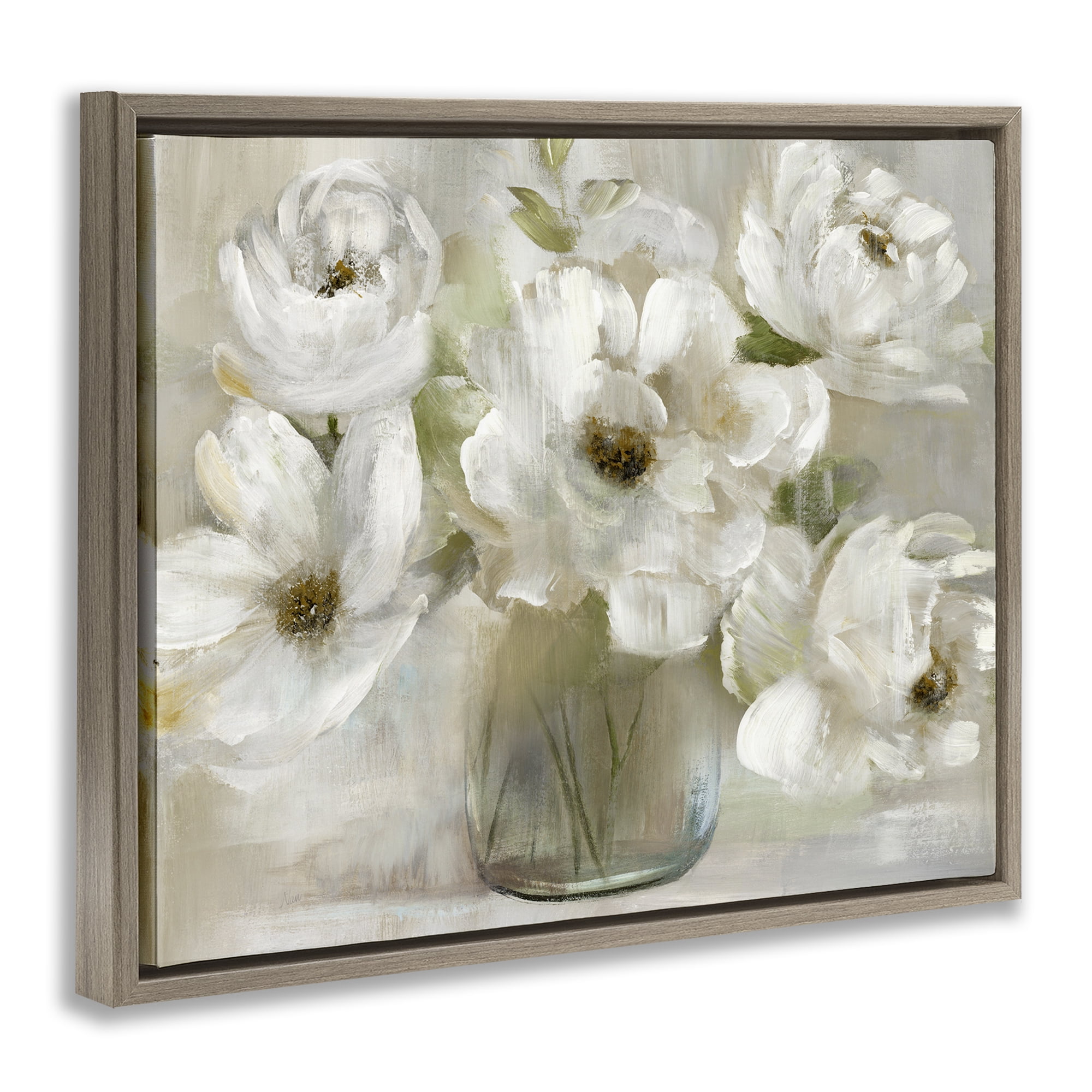 Stupell Industries Gentle White Petals in Vase Brown Framed Floater Canvas Wall Art, design by Nan