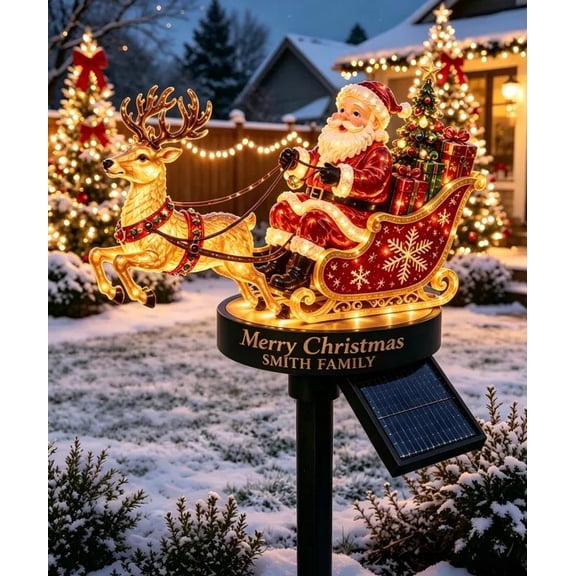 Santa & Reindeer Sleigh Solar Garden Stake Light, Auto On/Off Pathway Light Winter Festival