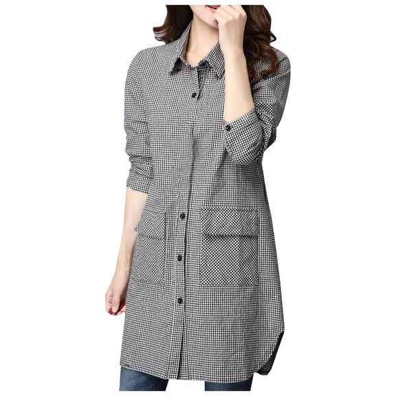 Womens Flannel Shirts Long Length Button Down Long Sleeve Blouses with Pocket Spring Fall Casual Loose Fit Women Shirts