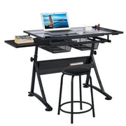 Alden Design Adjustable Glass Top Drafting Table with Stool, Black