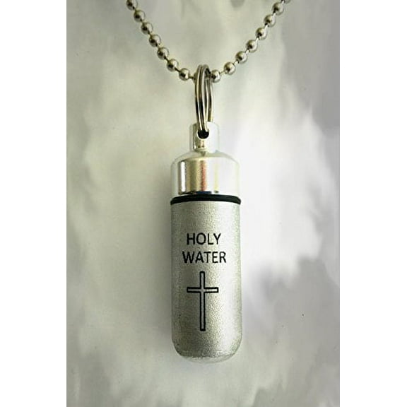 Brushed Silver Mini ENGRAVED HOLY WATER Bottle/Vial/Urn - Includes Velvet Pouch, Ball-Chain & Fill Kit