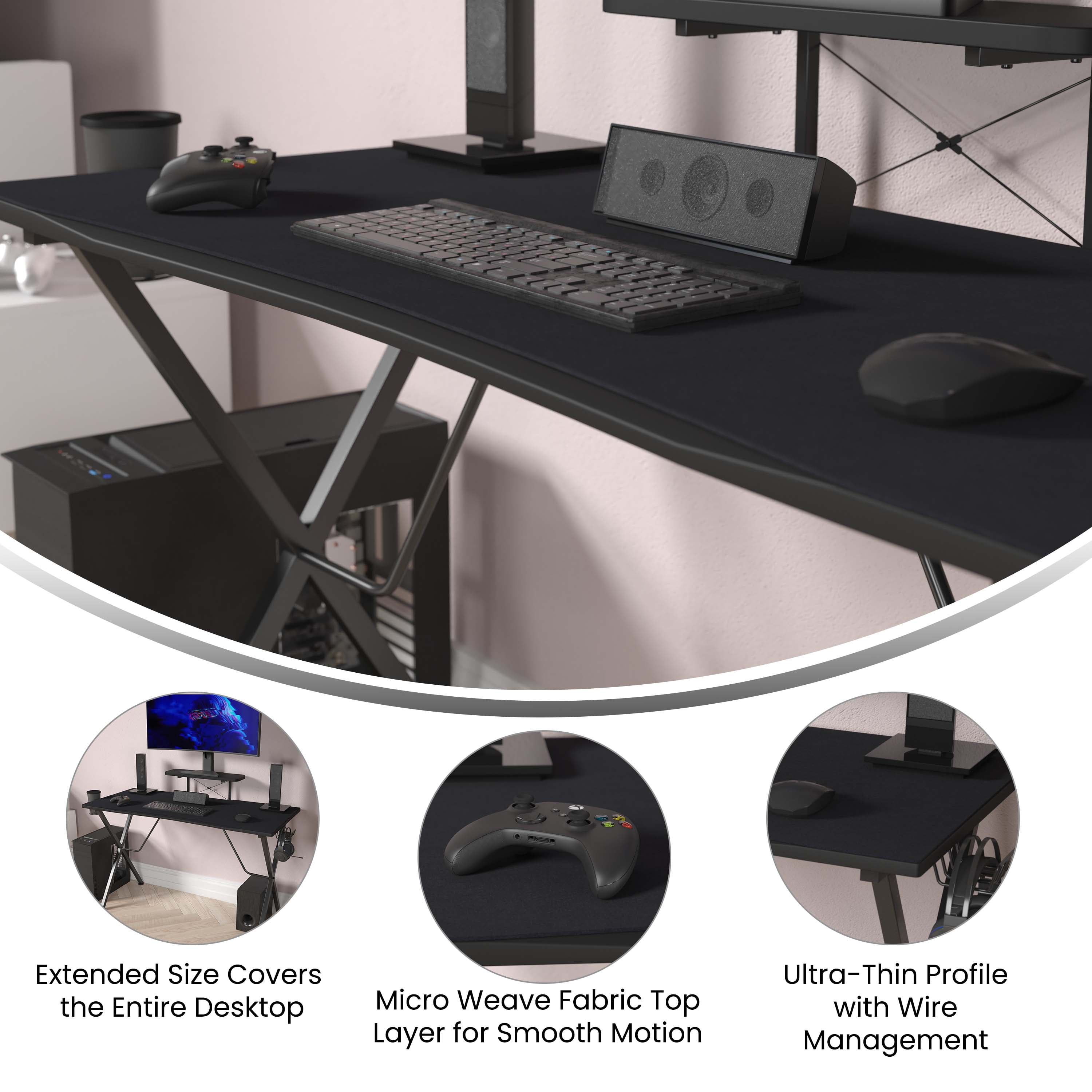 BizChair Black Mega Size Extended Gaming Mouse Pad with Anti-Slip Rubber Base & Micro Weave Top, Large Home Office Desk Mat, 45.75"W x 23.75"D x .125"H