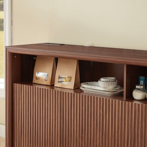 67" Wooden Sideboard Buffet Cabinet with LED Lights and Outlets, 4-Compartment Storage, Walnut