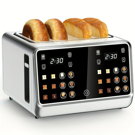 4-Slice Digital Smart Toaster - TouchScreen, Dual Control Panel, Single Slot Toasting, Timer/Reheat/Defrost - For Bagels/Bread/Waffles, Stainless Steel, Sleek Modern Kitchen Gadget