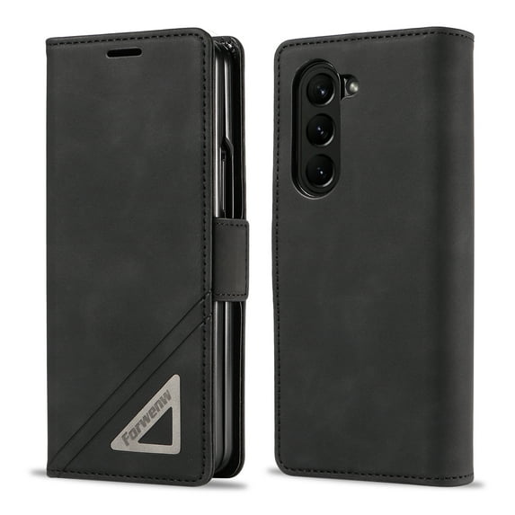 ELEHOLD for Samsung Galaxy Z Fold 5 Luxury Leather Wallet Case with Card Holders Magnetic Clasp Kickstand Function Shockproof Protective Cover for Samsung Galaxy Z Fold 5 2023,Black