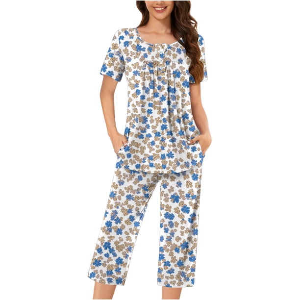 Sexy Pijama Conjunto para las Mujeres, Cuello Redondo Blusa de Manga Corta Y Pantalones, Traje de Moda Casual