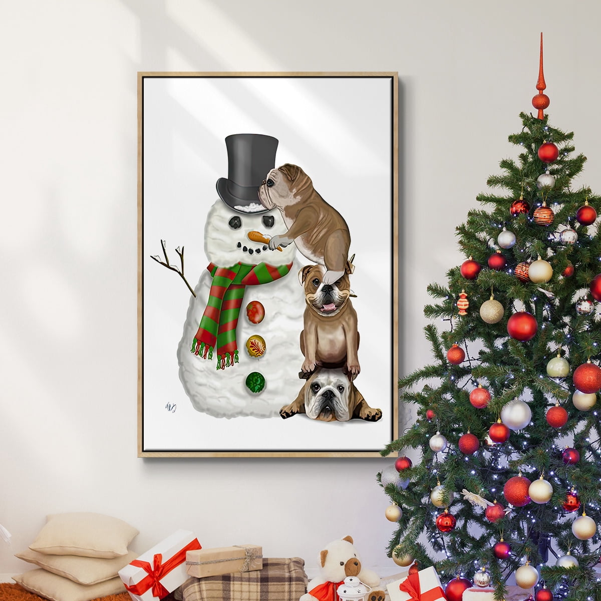 Christmas English Bulldogs Building Snowman - Framed Gallery Wrapped Holiday Canvas - 17 x 25 - Natural Wood Frame