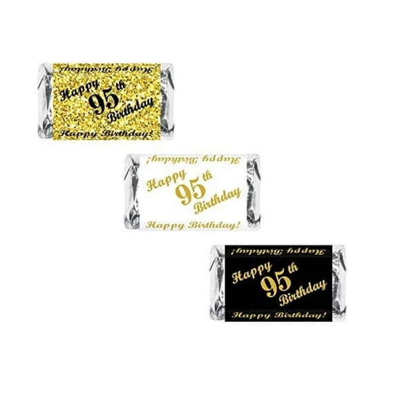 95th Birthday Miniatures Candy Bar Wrapper, (Set of 60) Mini Candy Bar Stickers; 3 Designs: 24 Gold, 24 Black, 12 White, Candy Not Included