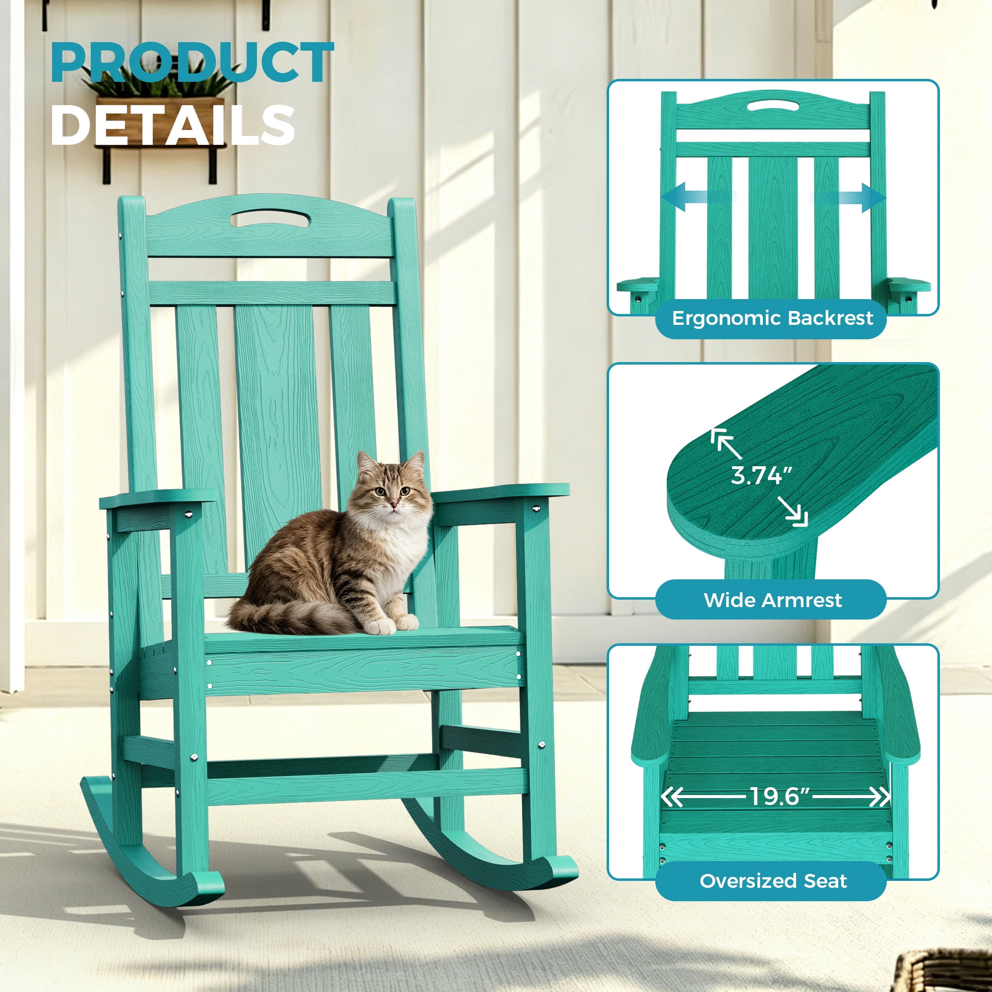 Oversized HDPE Outdoor Rocking Chair, All-Weather High Back Porch Rocker, Aqua