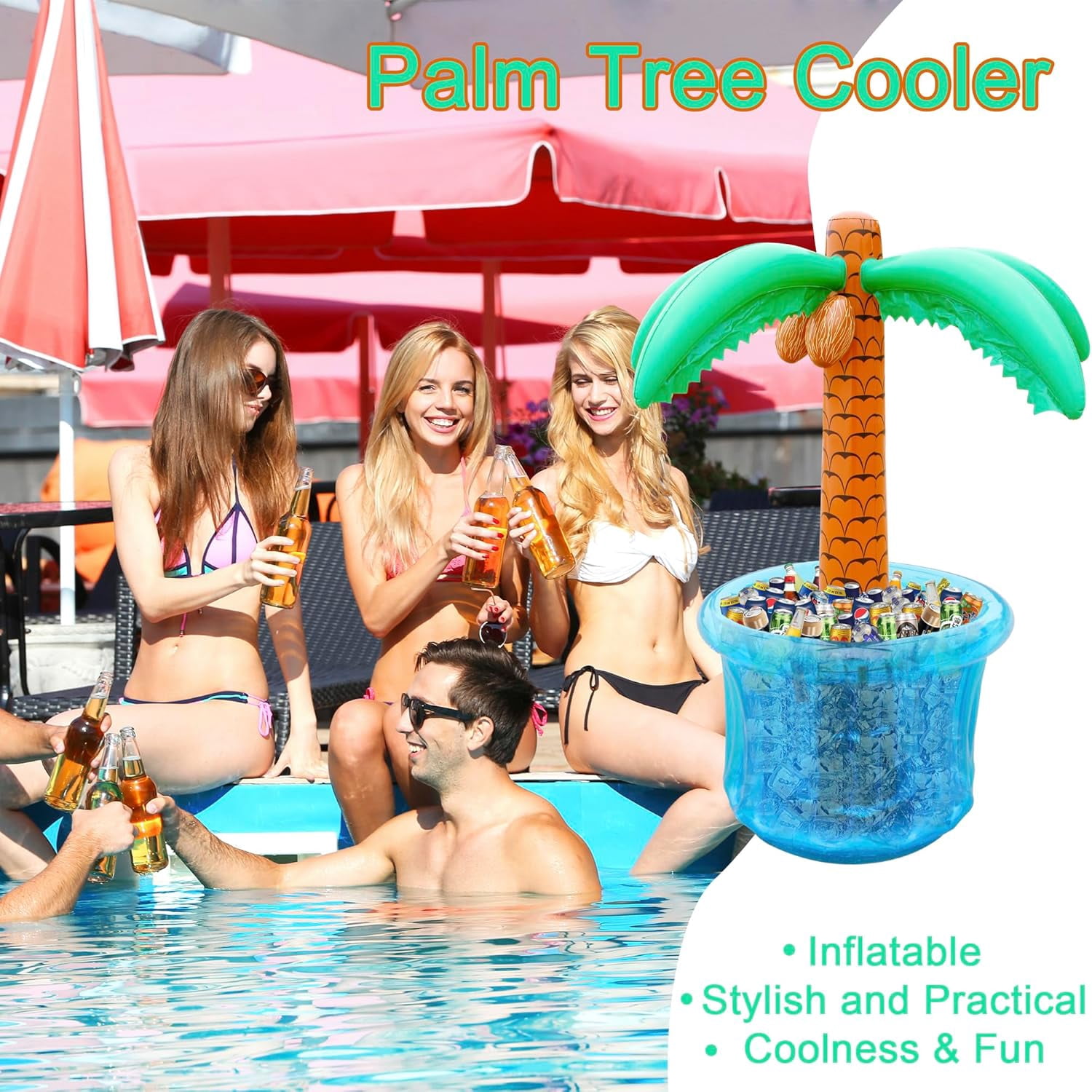 63" Drink Cooler for Parties, 2 Pack Inflatable Palm Tree Ice Bucket for BBQ, Picnic, Pool Party, Bachelorette Supplies, Floating Cooler for Hawaiian Luau Tropical Summer Party Decorations
