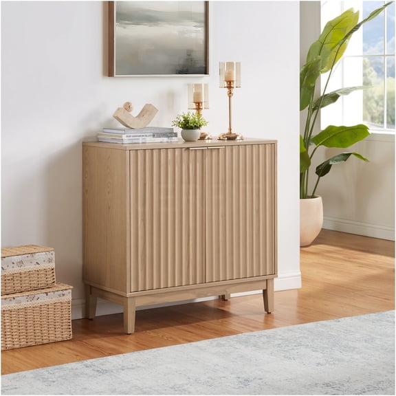 JERFIT Mid-Century Modern 2-Door Storage Cabinet with Fluted Fronts & Brass Handles, Natural Ash Finish Accent Console for Entryway, Dining Room, Living Room