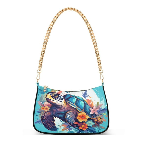 Ryvnso Sea Turtle with Floral Womens Chain Shoulder Bag Tote Handbags Clutch Hobo Purse with Zipper for Travel