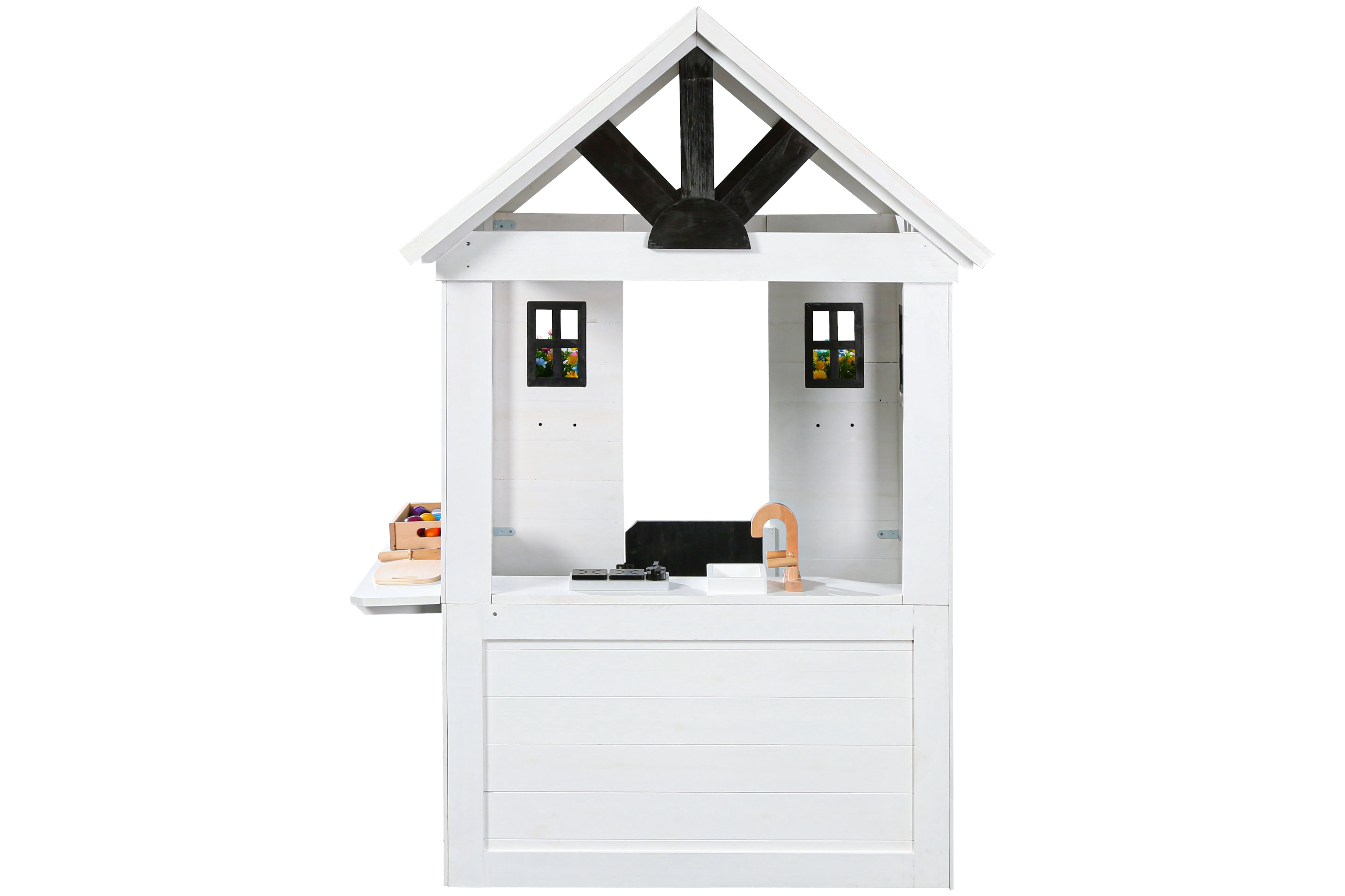 2MamaBees Ajure Playhouse | White & Black Farmhouse Design with Kitchen and Garden
