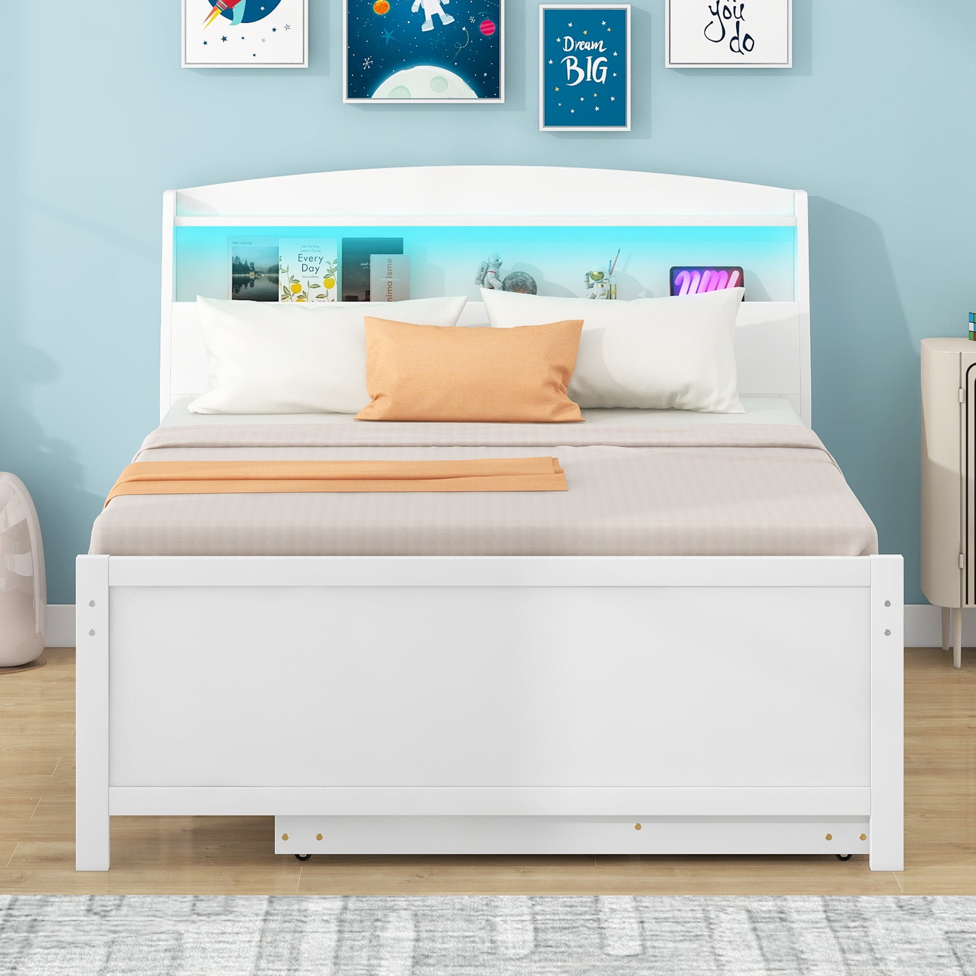 Euroco Wood Full Size Platform Bed with Storage Headboard, Drawers Trundle and LED Light for Kids Teens, White