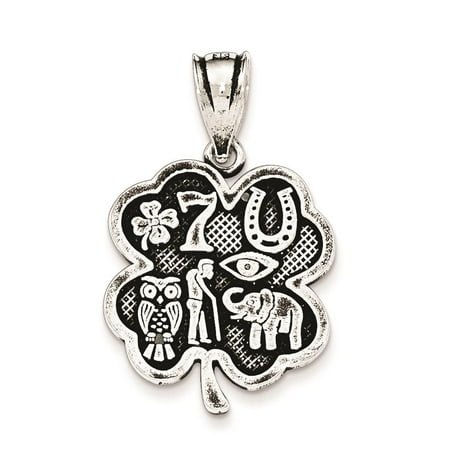 925 Sterling Silver Antiqued Good Luck Icon Clover Polished Charm Pendant