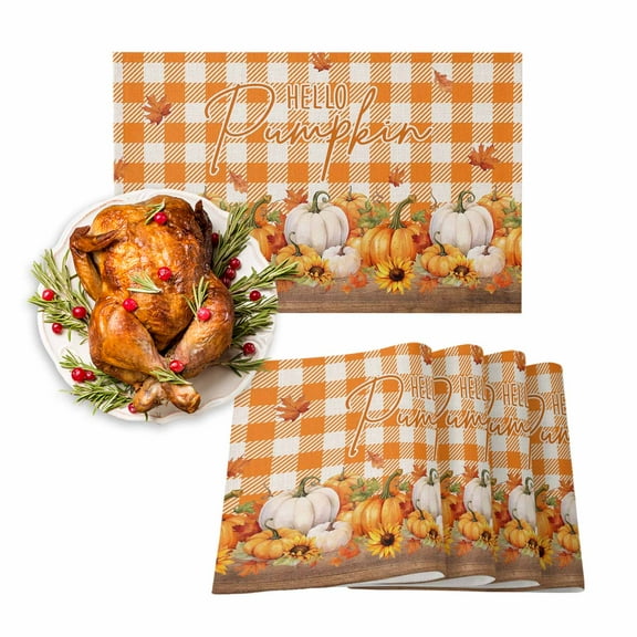 Fall Placemats Set of 6 Hello Pumpkin Place Mats Thanksgiving Placemat Maple Leaf Yellow Plaid Table Mats for Dining Kitchen Table Holiday Dinner Party Home Fall Decorations 13x19 Inch