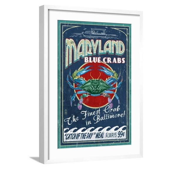 Art.com Baltimore, Maryland - Blue Crabs Art Print by Lantern Press, White Frame Wall Art, 21" x 29"