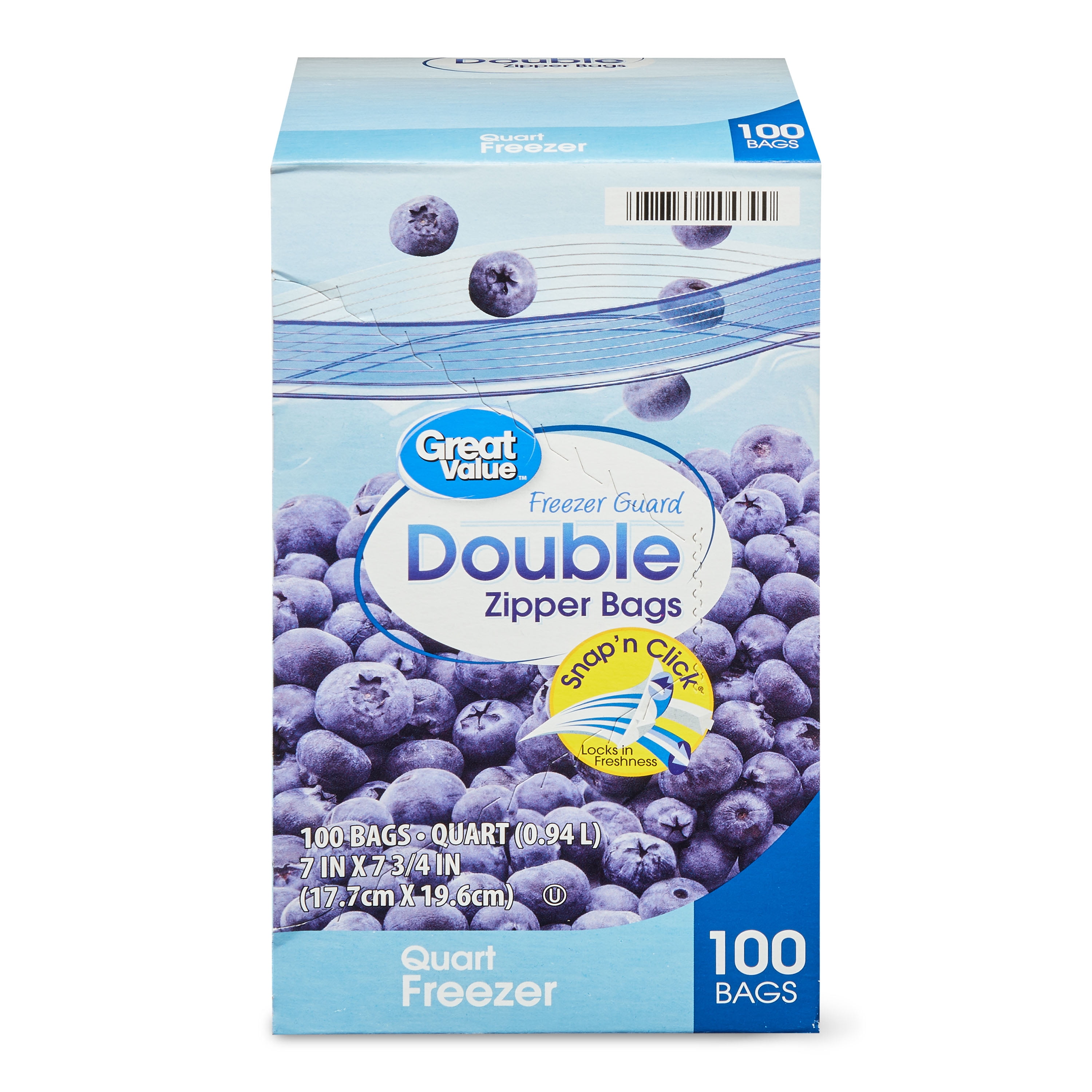 Great Value Freezer Guard Double Zipper Freezer Bags, Quart, 100 Count