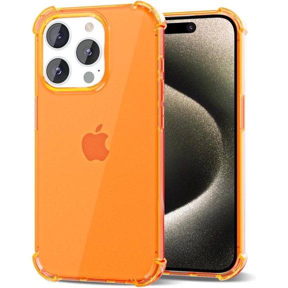 for iPhone 15 Pro Max Phone Case Clear, Transparent Crystal Thin Slim Flexible TPU Cover, Non-Yellowing Soft Silicone for Women Girl Cute, Protective Shockproof Bumper, Neon Orange