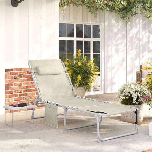 Outsunny Tanning Chair with Face Hole, Side Table, 5-Position Folding Outdoor Chaise Lounge Chair with Carry Straps, Beige