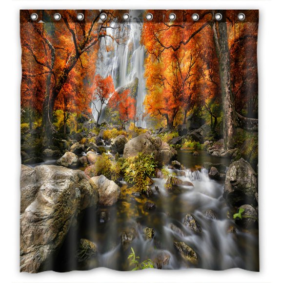 BSDHOME Rideau de Douche Paysage Forestier et Boisé, Chute d'Eau en Automne, Rideau de Douche en Tissu Polyester pour Salle de Bain 66x72 Pouces