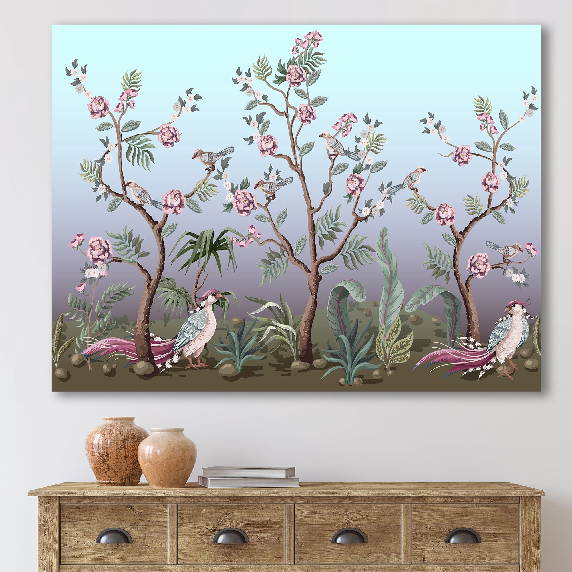 Designart ' Chinoiserie With Peonies and Birds II ' Traditional Canvas Wall Art Print