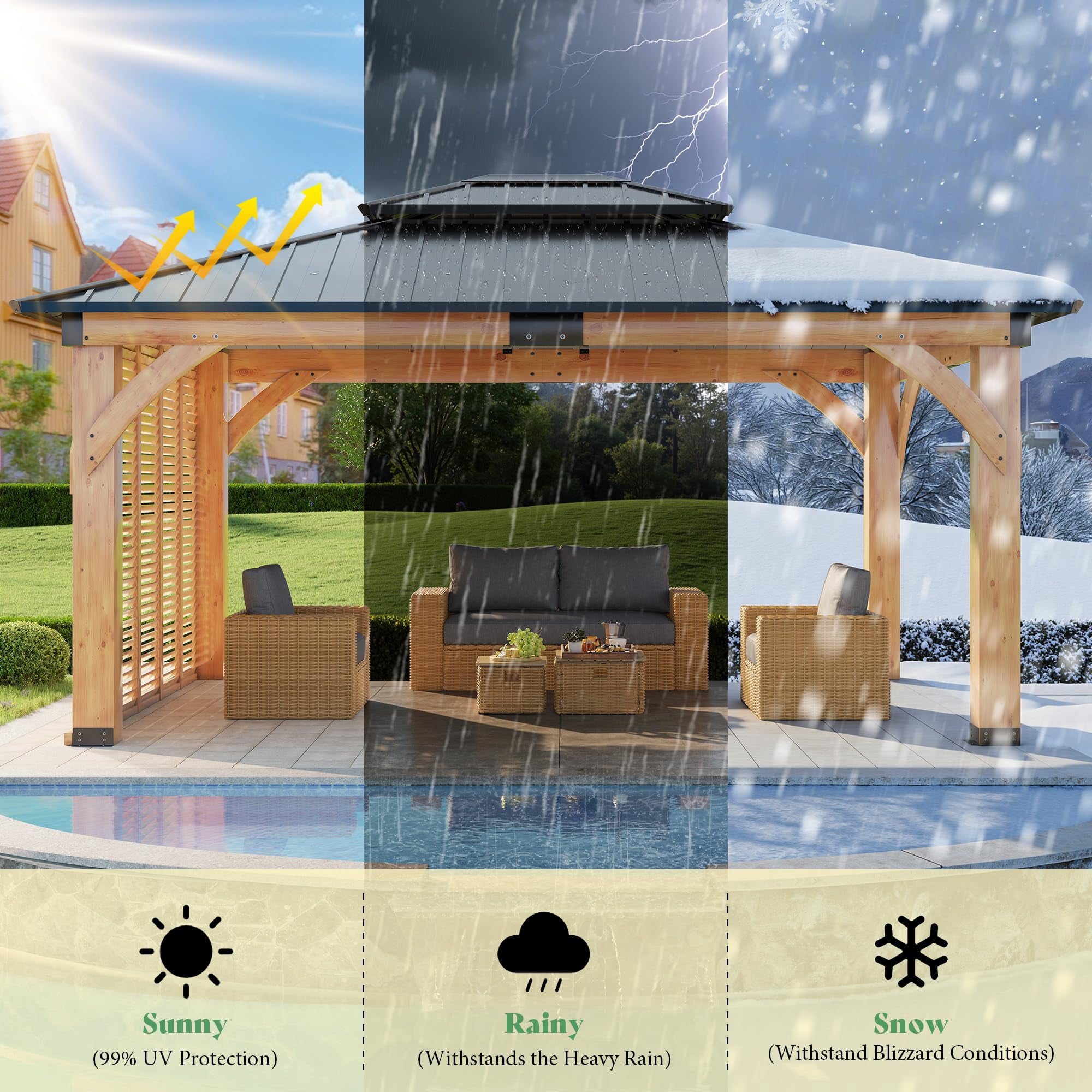 Jocisland 12' x 14' Permanent Wood Gazebo with Privacy Wall, Spruce Frame Hardtop Gazebo with Double-Tier Roof, Outdoor Pergola for Backyard & Patio