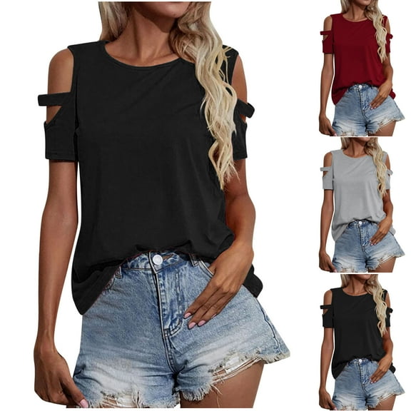 Fesfesfes Women T Shirts Short Sleeve Tops Casual Solid ColorWide Neck Hollow Out Cold Shoulder Button T-shrit Tops S(US:4)