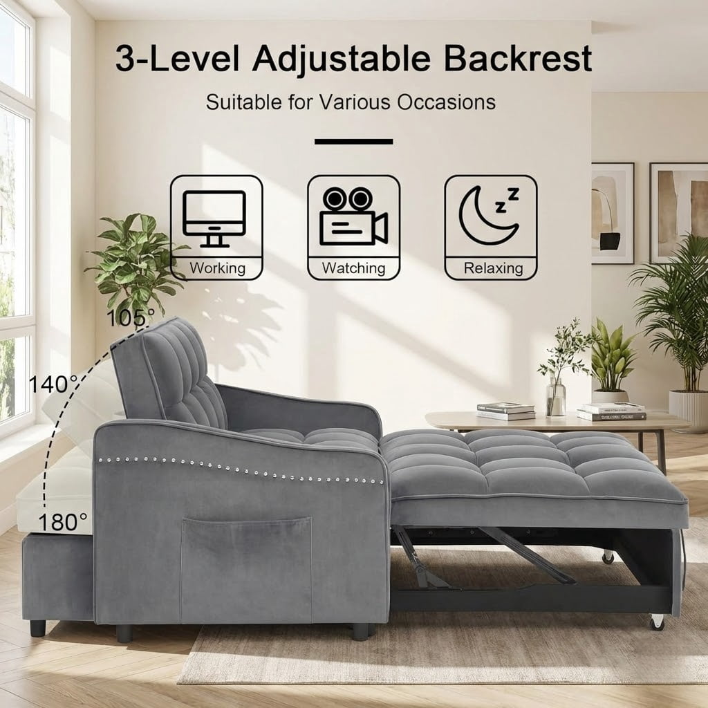 Xiweot 3 in 1 Sleeper Sofa Bed, 53 Inch Convertible Pull Out Couch with Adjustable Backrest, Velvet Futon Loveseat Couch with Side Pockets & USB Ports for Living Room Bedroom (Gray)