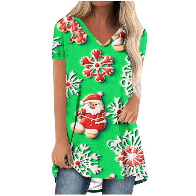 Camiseta Impresa con Cuello en V de Manga de Raglan de la Parte Trasera Larga Delantera Corta de las Mujeres de Navidad, Vacaciones Informales