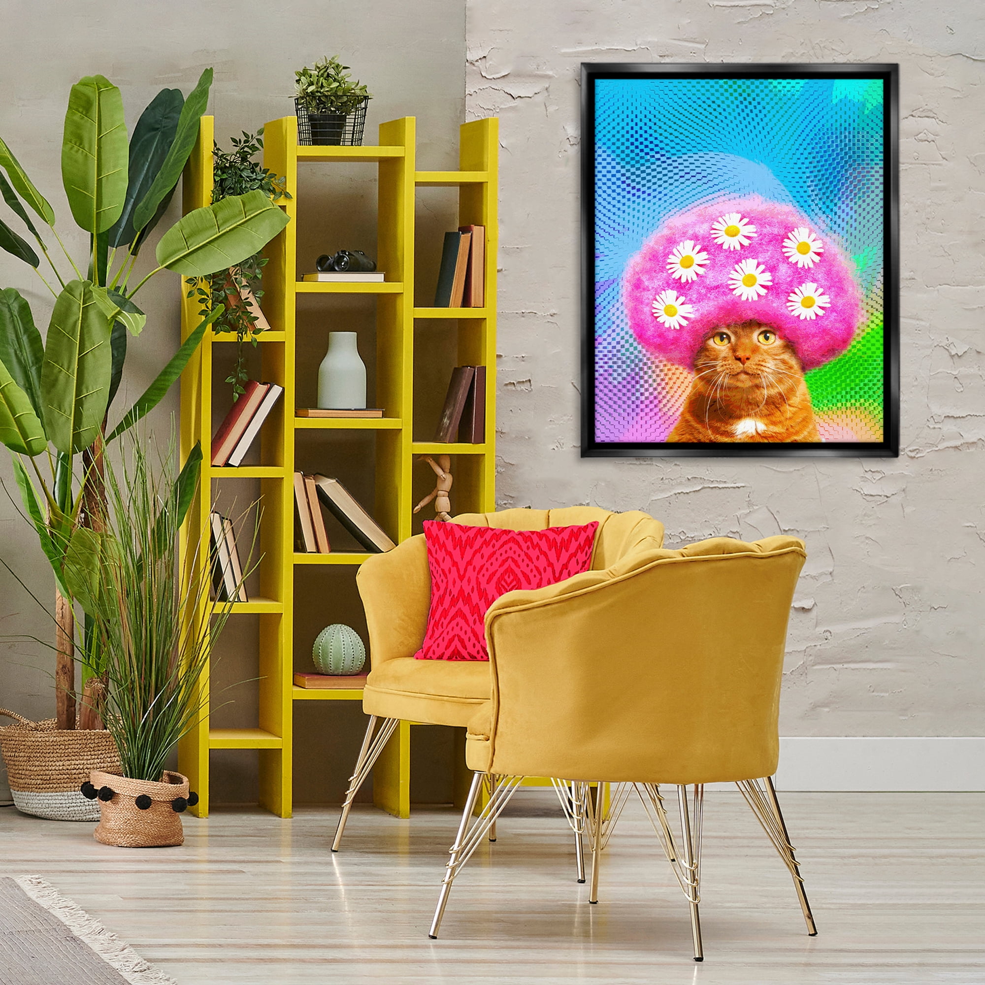 Stupell Industries Groovy Daisy Wig Cat Novelty & Humor Painting Black Floater Framed Canvas Art Print Wall Art, 25 x 31
