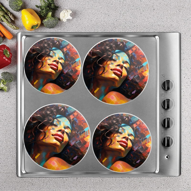 BaHomeck Electric Stove Burner Covers Set of 4,Round Metal Gas Stove Burner Covers 8 Inch and 10 Inch,Kitchen Decor,African Woman With Long AndCurly Hair