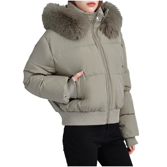 CHGBMOK Women's Cropped Puffer Jacket with Hood Zip Up Short Padded Bomber Coat Quilted Rib Hem Warm Winter Jacket