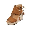 thumbnail image 2 of Miluxas Wedge Sandals for Women Summer Platform High Heel Sandals, Open Toe Ankle Strap Sandal Cutout Breathable Fish Mouth Tassels Brown 6.5(38), 2 of 8