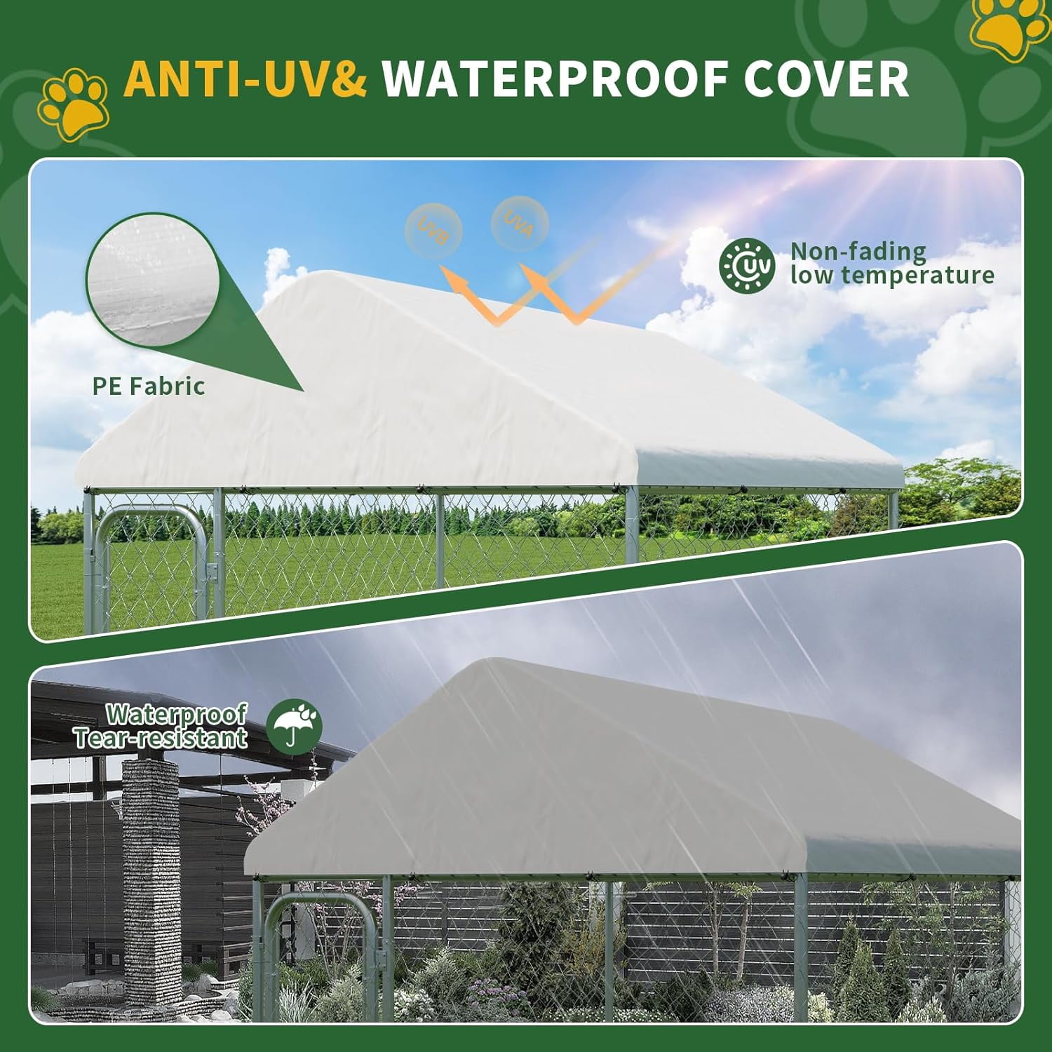 Outdoor Large Dog Kennel, Heavy Duty Dog Enclosure with UV & Rain-Proof Fully Covered Roof, Rustproof Metal Mesh, Double Security Locks, 6.6 x 6.6 FT