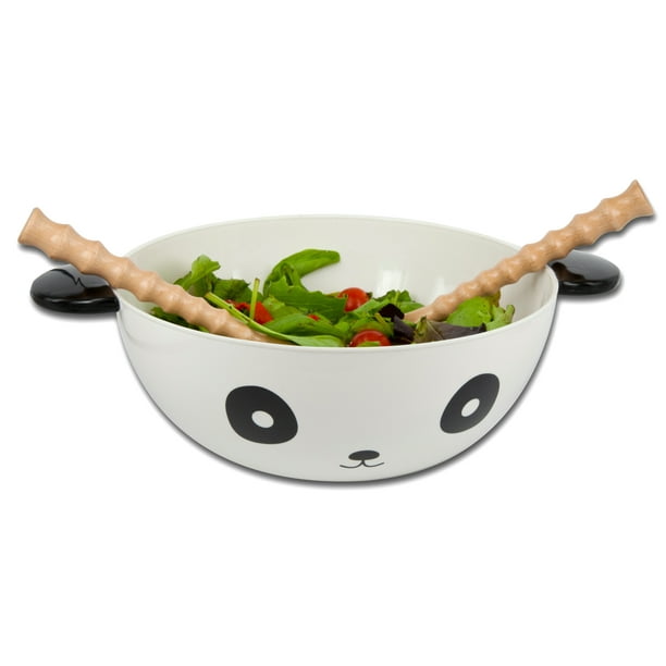 Panda Bowl With Utensils Thumbs Up Kitchen Salad Serving Bamboo Novelty