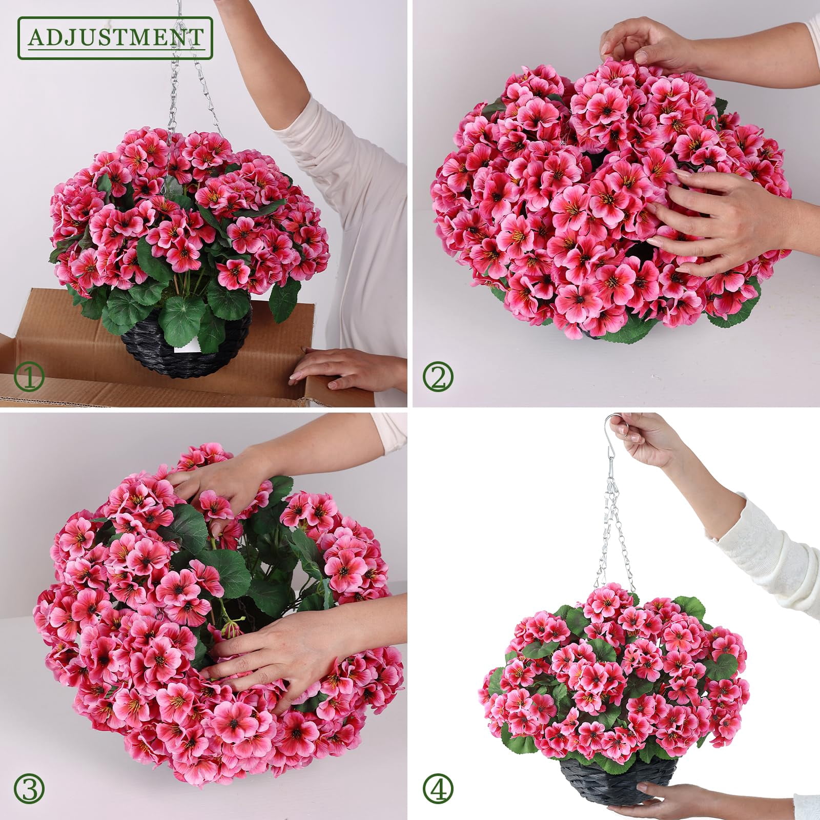 2 Set Artificial Geraniums Flowers with Hanging Baskets for Outdoors - Sun Resistant Silk with Geranium Flowers, Fake Hanging Planters for Front Porch Garden Patio Home Decor (Red)
