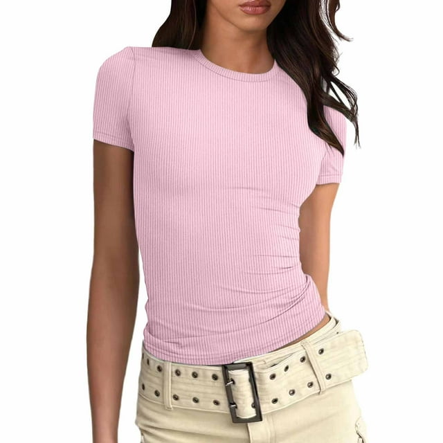 WEIYLL T-Shirt pour Femme à Manches Courtes, Coupe Ajustée, Tunique Unie, Hauts Roses, Tailles TG