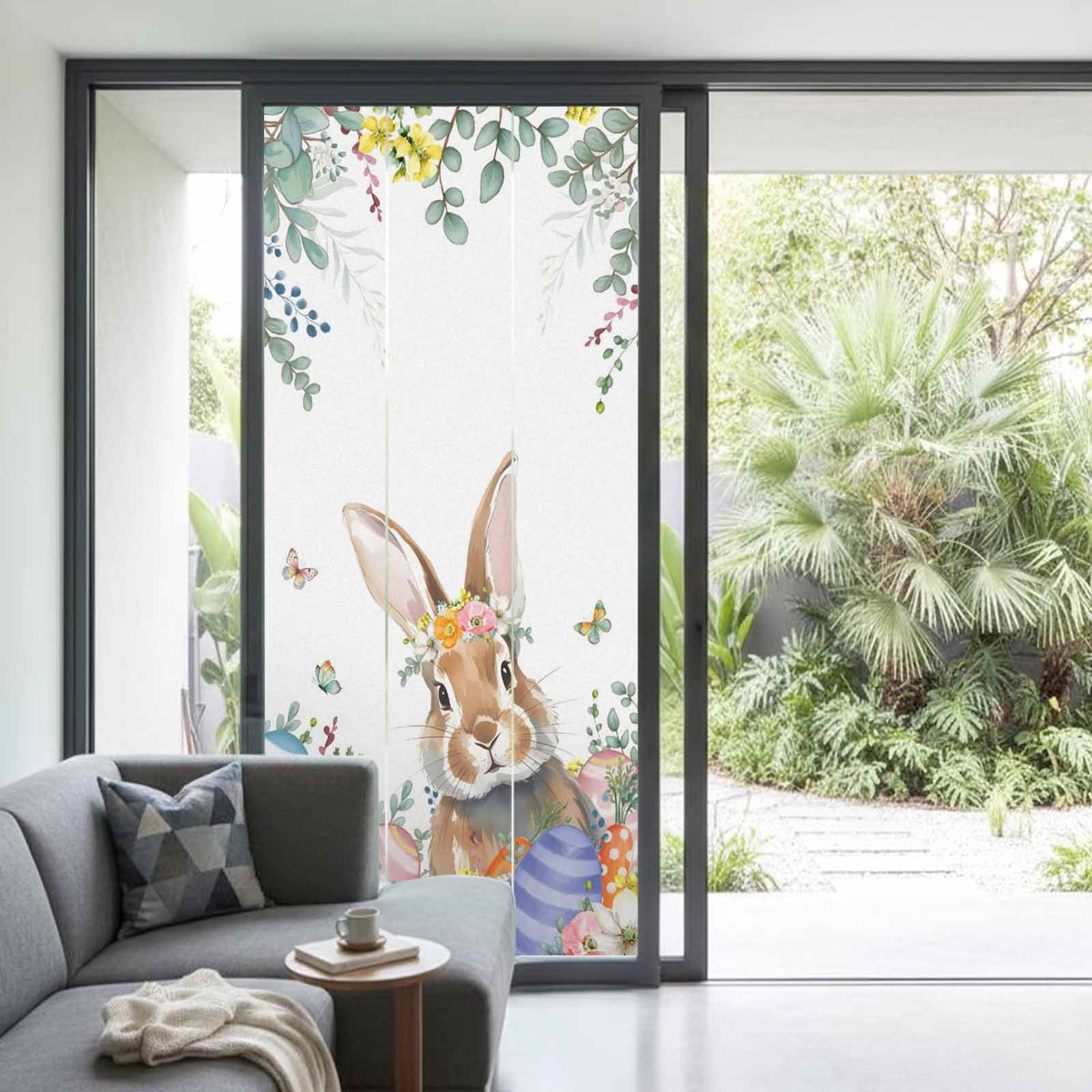Easter Rabbit Window Privacy Film, Watercolor Floral Bunny Colored Eggs Leaf Frosted Glass Window Clings Static Cling UV Heat Blocking Reusable Door Sticker for Bathroom 35.4 x 78.7 Inch
