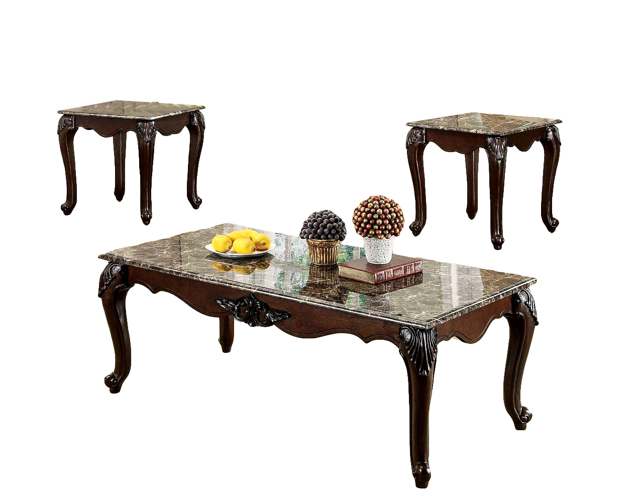 3Piece Living Room Table Set With Marble Top, Dark Cherry