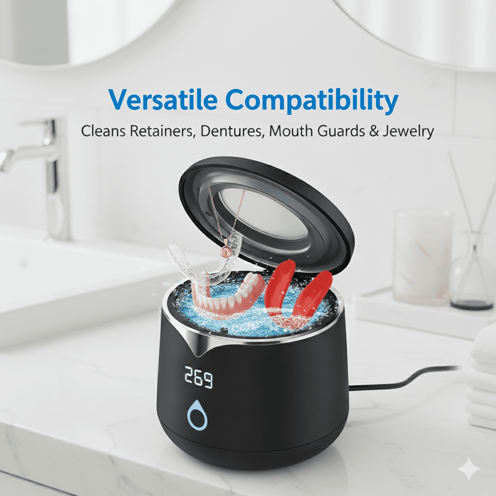 Professional 45kHz Ultrasonic Retainer Cleaner with UV Sanitizer - Portable Cleaning Machine for Aligners, Dentures, Mouth Guards, and Jewelry - 200ml, Dual Cleaning Modes, Black