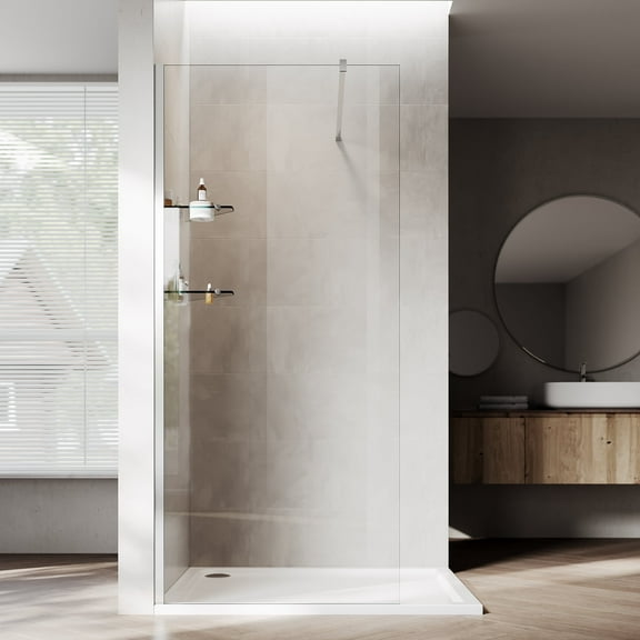 Sunny Shower Quick Clean Silver Includes Storage Rack Shower Door 30x74 Hydrophobic Coated Clear Glass Panel